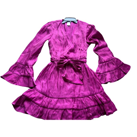 Metallic Fuchsia Tiered Satin Pleated Belted A Line V Neck Womens Medium Dress - Picture 8 of 16